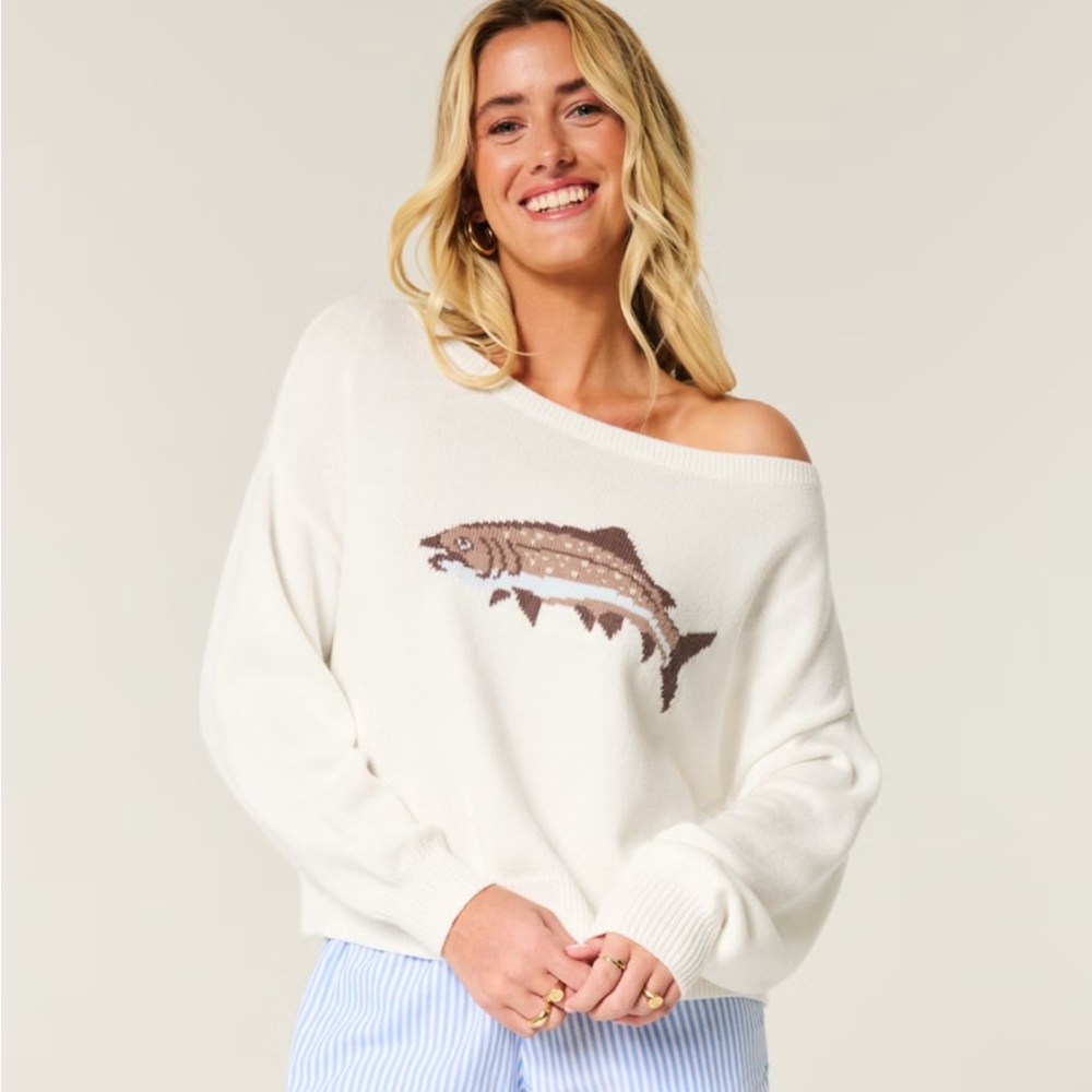 Hollister Women's Off-Shoulder Sweater - Cream with Fish Design